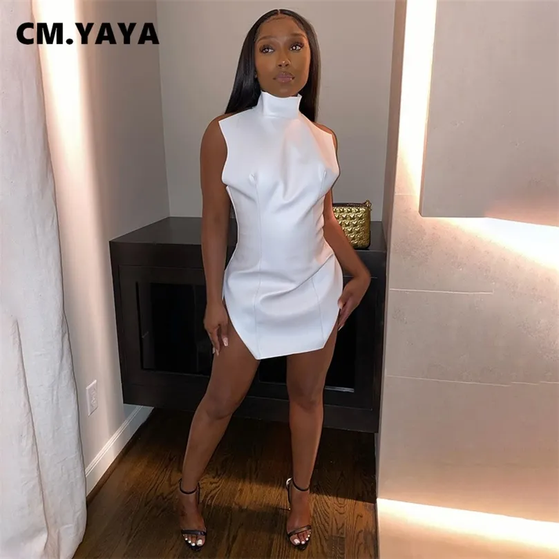 CM.YAYA été femmes sans manches moulante Mini robe en cuir PU dos nu fermeture éclair Sexy Club fête crayon Mini robes Vestidos 220516