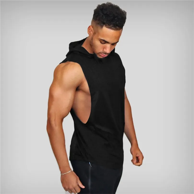 Camisas sin mangas de algodón de moda Gimnasio con capucha Camiseta sin mangas Hombres Fitness Chaleco Sólido Bodybuilding Singlets Entrenamiento Tanktop 220331