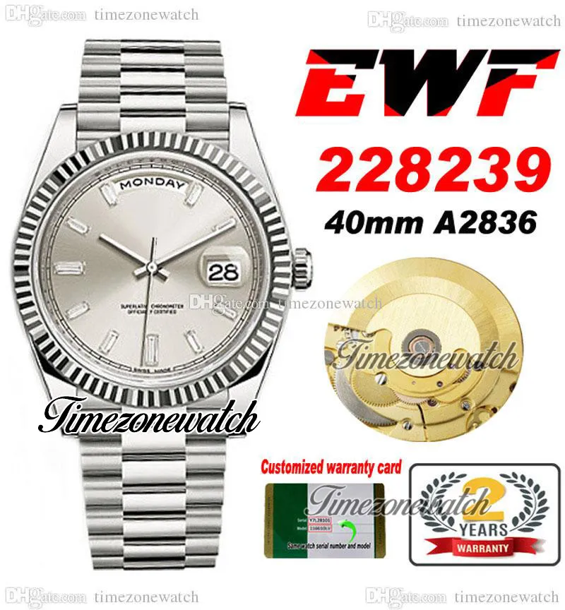 EWF Daydate 40 228239 ETA A2836自動メンズウォッチフルーテッドベゼルシルバーダイヤルドダイヤモンドステンレス鋼大統領ブレスレットタイムゾーンウォッチF06