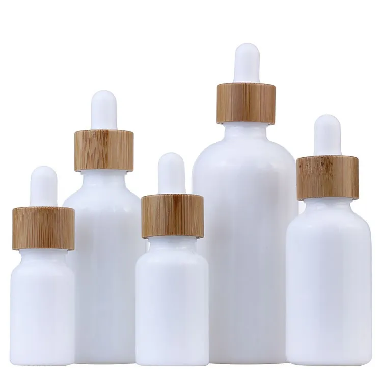 Opal White Glass Bottle 15ml 30ml 50ml com gotas de gotas de bambu 1 onças de madeira garrafas de óleo essencial