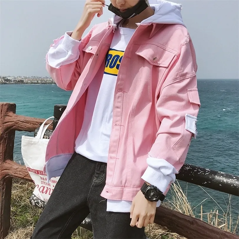 2018 Denim Jacket Men Korean Style Hip Hop Streetwear Casual Hoodie Windbreaker College Harajuku Jeans Coat Windbreaker Jacket T200502