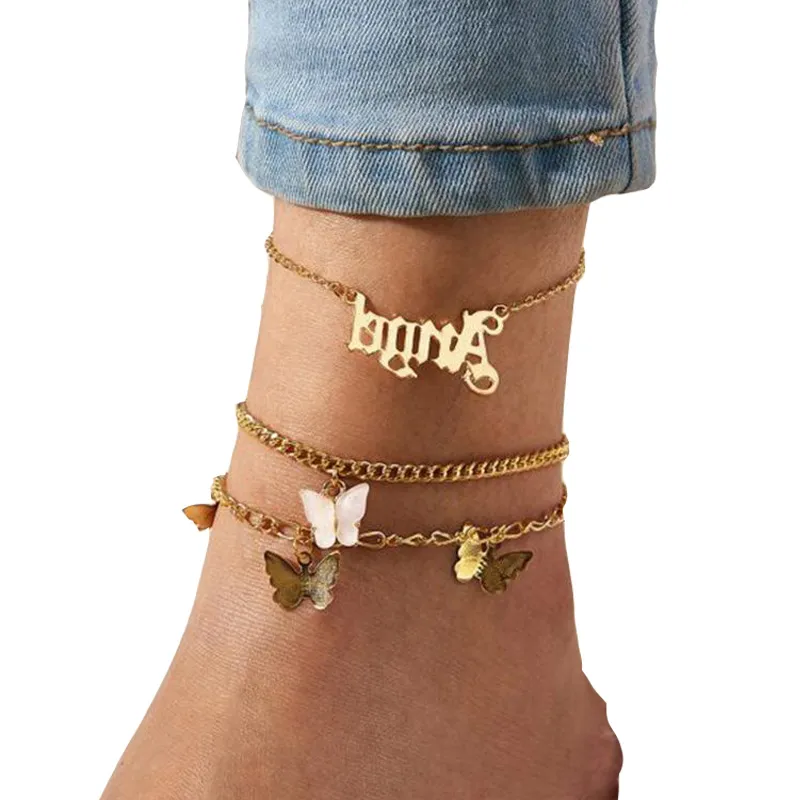Bracelets de cheville multicouches papillon mignon pour femmes, style bohème Simple, couleur or