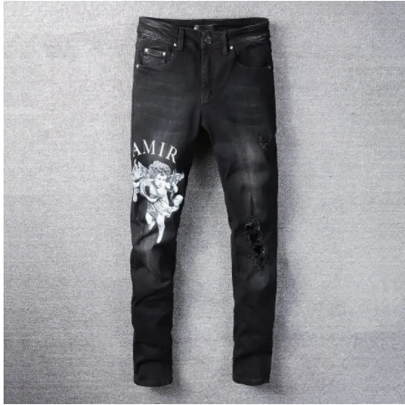 Black Letter Angel Stampa Jeans slim Jeans da uomo skinny Streetwear Pantaloni da moto Hip Hop Uomo Los Hombres