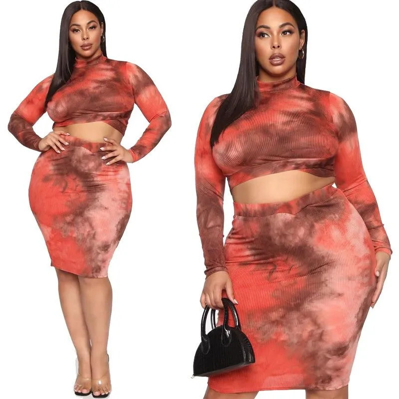 Plus Size Dresses Women's 1XL-5XL Tie-dye Printing Tight-fitting Hip Sexy Suit Two-piece