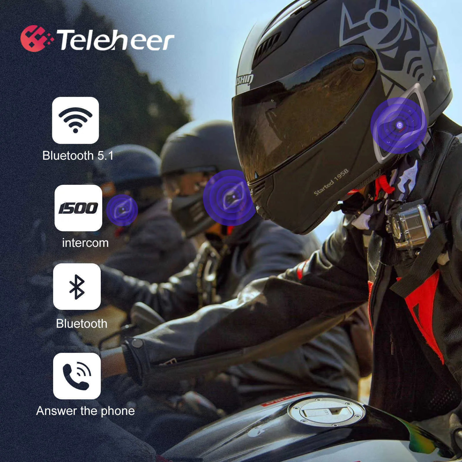 Zestaw 1PCS Teleheer Intercom T6 Plus Bluetooth Helmet Helmet 1500m Interconkomunicador Moto w czasie rzeczywistym dla 2 jeźdźców Waterpro22279