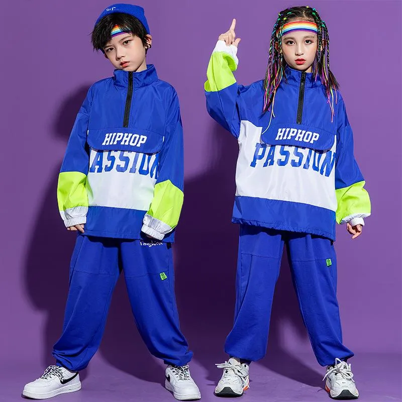 Stage Wear Kid Hip Hop Clothing Blue Turtleneck Oversized Jacket Top Pullover Streetwear Jogger Pants For Girls Boys Dance Costume ClothesSt