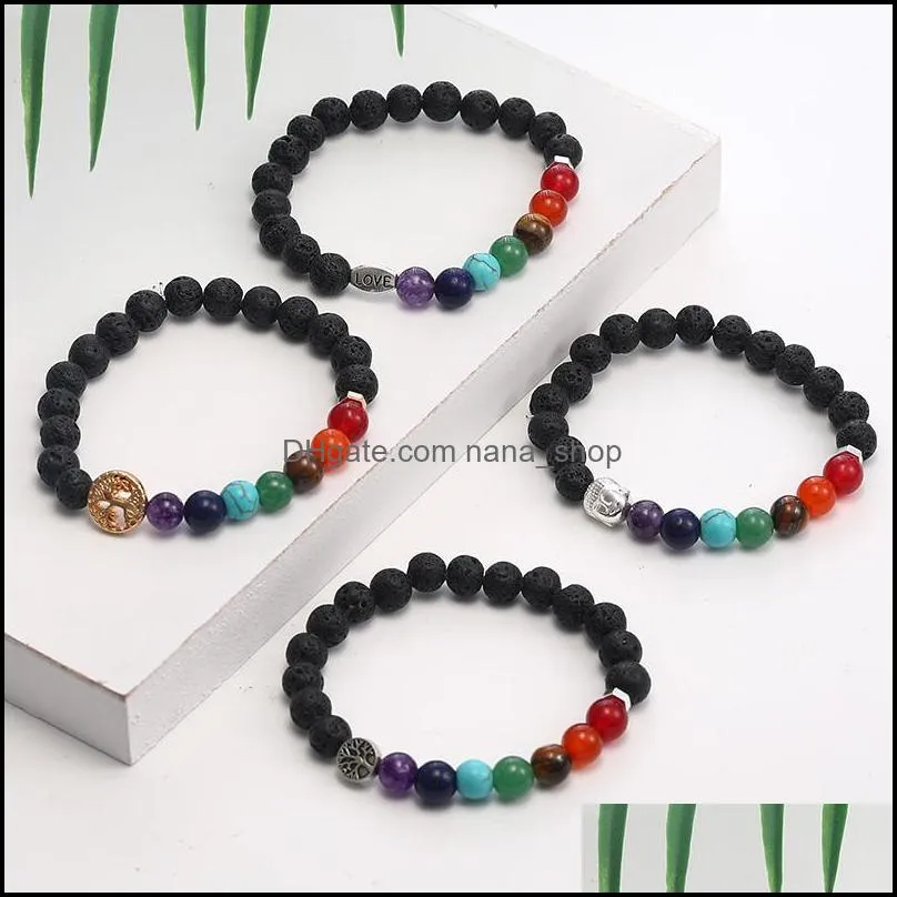 Fashion Natural Black Lava Stone Beads Bracelets For Men Buddha Head Tree of Life Charm 7 Reiki Chakras Beaded Yoga Balance Bracelet