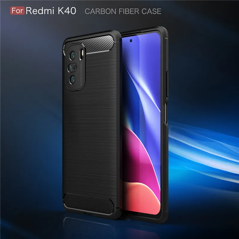Silicone Back Cover Cases for Xiaomi Redmi, Brushed Carbon Fiber Soft Cover for Cellphone Redmi K40 Pro, Poco F3