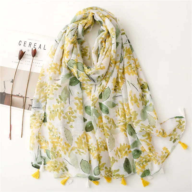 Piccola sciarpa in cotone e lino filato fresco frutta scialle sciarpa nappa stampa foglie giallo brillante verde frutta