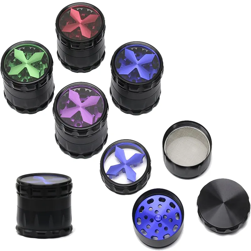 Cross Shaped Caps 63mm Diameter Tobacco Grinders Smoking Accessories For Dab Oil Rigs Herb Ginder 4 Parts Alluminum Alloy GR407