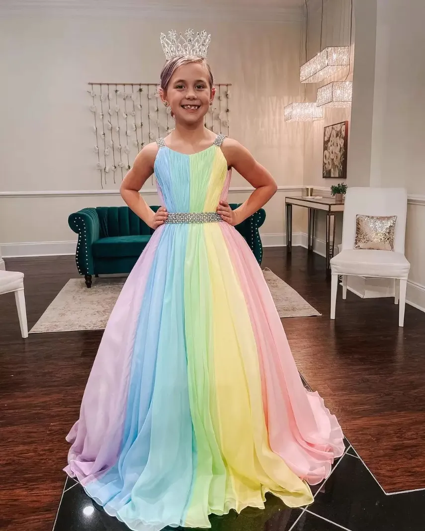 Rainbow Chiffon Little Girl Pageant Dresses 2022 Straps-Neck Girls Prom Gowns Zipper V Back Sleeveless A-Line Long Kids Formal Party Birthday Princess Wear