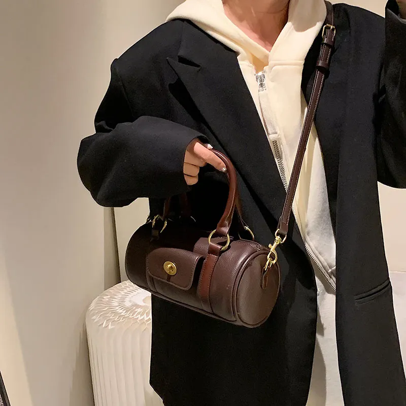 Replica Designer Bags Brand Women Leather Crossbody Brown Barrel Shaped Shoulder Bags Female Handbag Travel Boston Bag