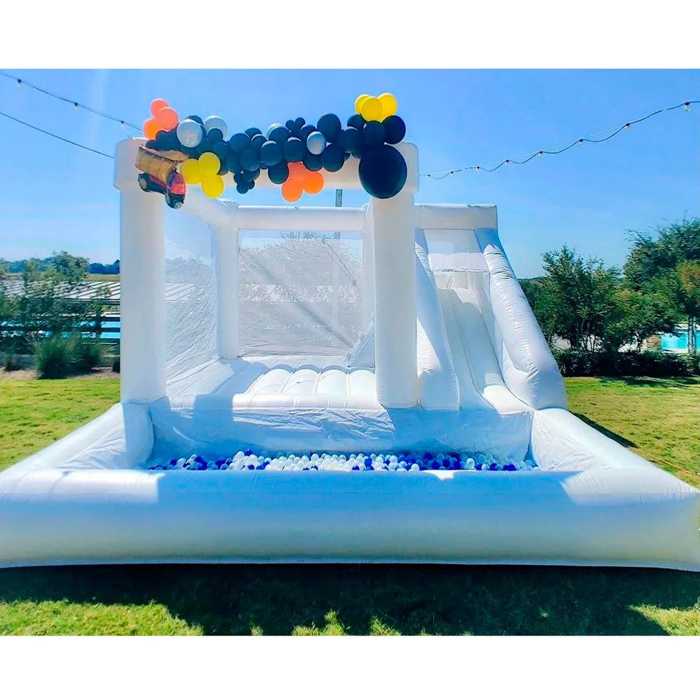15x15ft White Bouncy Castle Combo Wedding Bouncer Wholesale uppblåsbart studshus med Slide och Ball Pit for Theme Party