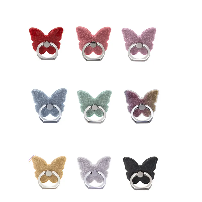Supporto per cellulare a farfalla glitterato, con fibbia ad anello, supporto girevole, regalo da tavolo all'ingrosso, arcobaleno, nero, rosso, rosa e oro_voghion.com