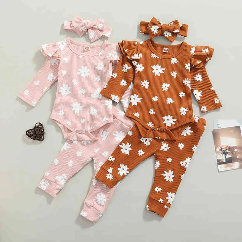 Citgeett herfst pasgeborene babymeisjes jongens kleding sets bloemen bedrukte ruches lange mouwen gebreide romper broek hoofdband veerpak j220711