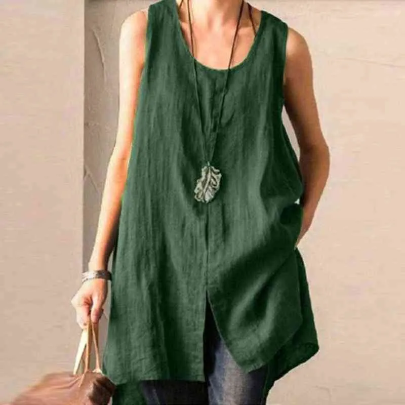 Women Streetwear Casual O Neck Sleeveless Slitting Hem Cotton Linen Tank Top Leisure Vest Blouse L220705