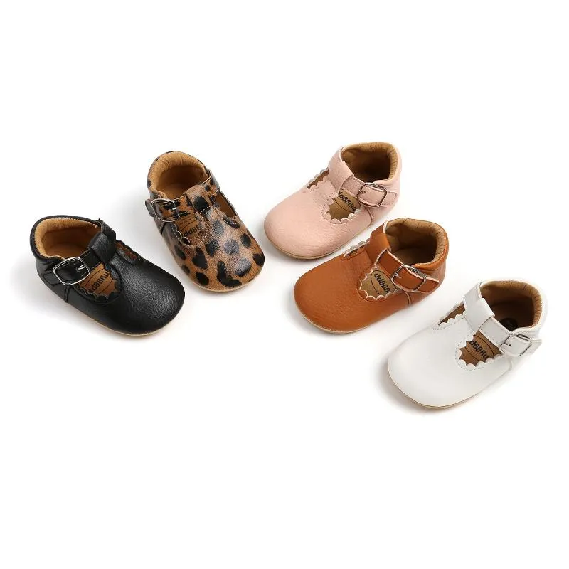 Eerste wandelaars focusnorm baby's babymeisjes jongens lederen schoenen lopen anti-slip holle ruche ruche zoom vast/luipaard wieg 0-18m