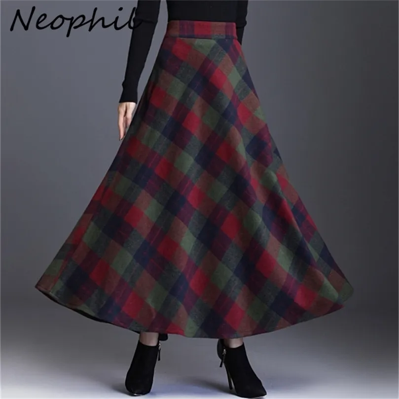 Neophil Woolen Ciepły Plus Rozmiar 3XL Plaid Spódnice Zima Kobiety Anglia Styl Kieszenie Midi Plised linia Tartan S9216 220317