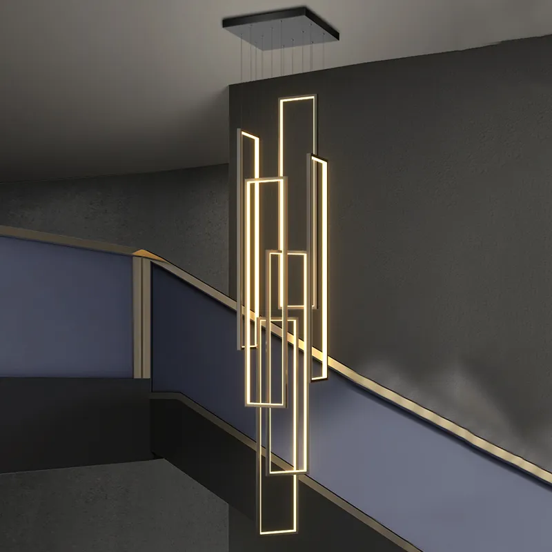 Nuovi lampadari rettangolari neri Lampade a sospensione Lampade a LED a sospensione lunghe Apparecchi di illuminazione per scale di lusso per Loft Hallway Lobby Living Room Bar