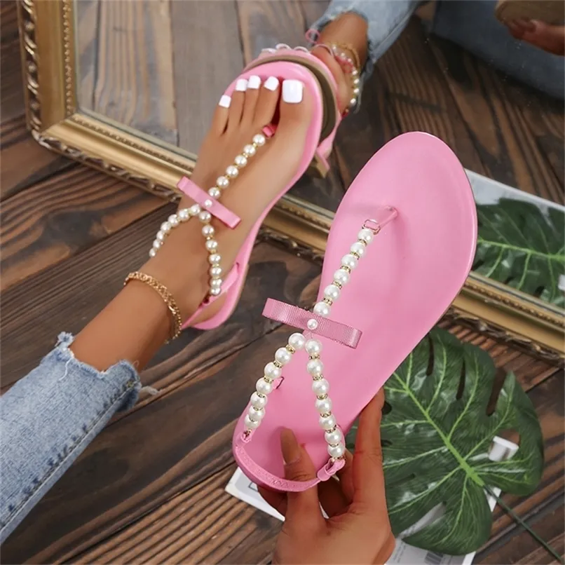 Summer Women Sandals Flat Clip-toe Pearl String Sandals Plus Size Women Shoes 43 Trendy Beach Pink Shoes Slip-On 220406