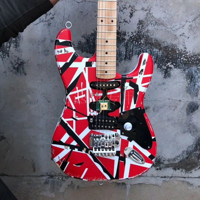 Edward Eddie Van Halen Heavy Relic Red Franken Electric Guitar Black White Stripes ST Shape Maple Neck Floyd Rose Tremolo no logo