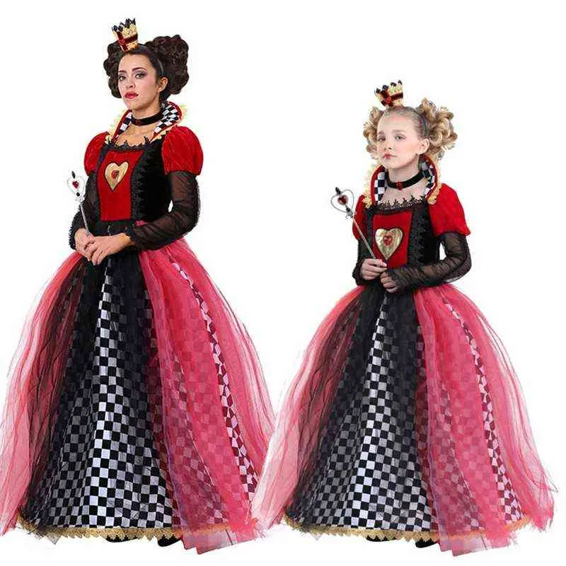 성인 여성 Red Queen of Hearts Come Sexy Alice in Wonderland Queen Come Halloween Carnival Uniform for Girls Kids L220714