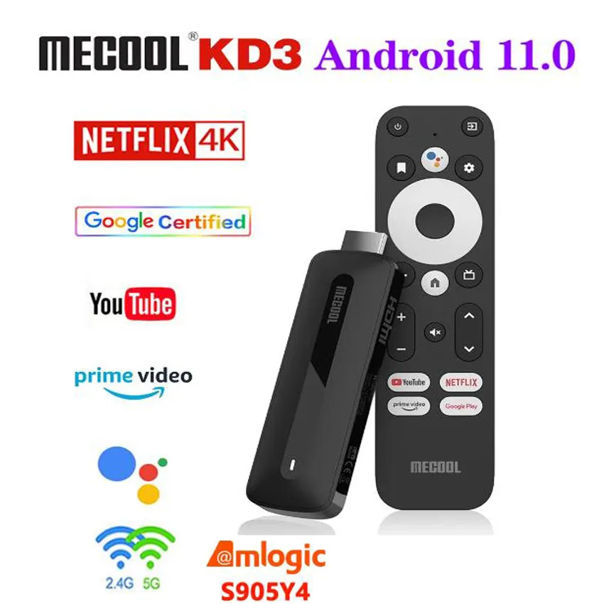 NOWY TV DONGLE MECOOL KD3 SMART MINI TVSTICK TV Box Android 11 Google Certified AMLOGIC S905Y4 2GB 8GB DDR4 Wifi BT AV1