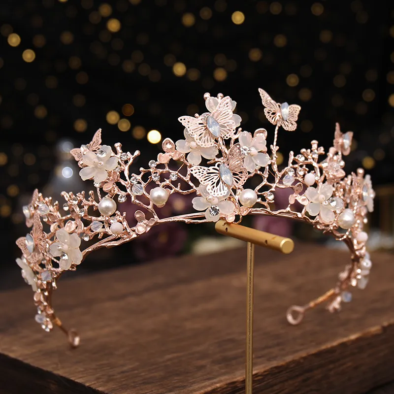 Copricapo da sposa in argento dorato 2022 Farfalla Petali di fiori di cristallo Perla Tiara Matrimonio Prom Party Addio al nubilato Strass Corona Barocco Spettacolo Diadema 6,5 cm 17 cm