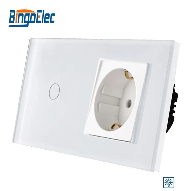 Bingoelec EU Standard 1 gäng 1 väg Dimmer Touch Switch med Tyskland Socket Glass Panel Wall Light Switch86157mm T200605