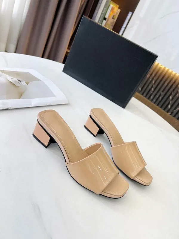 Designer Slippers Women Mules Calfskin Light Pink Slide Sandal Coarser Heels Slippers Summer Luxury Fashion Ladies Beach Shoes with box