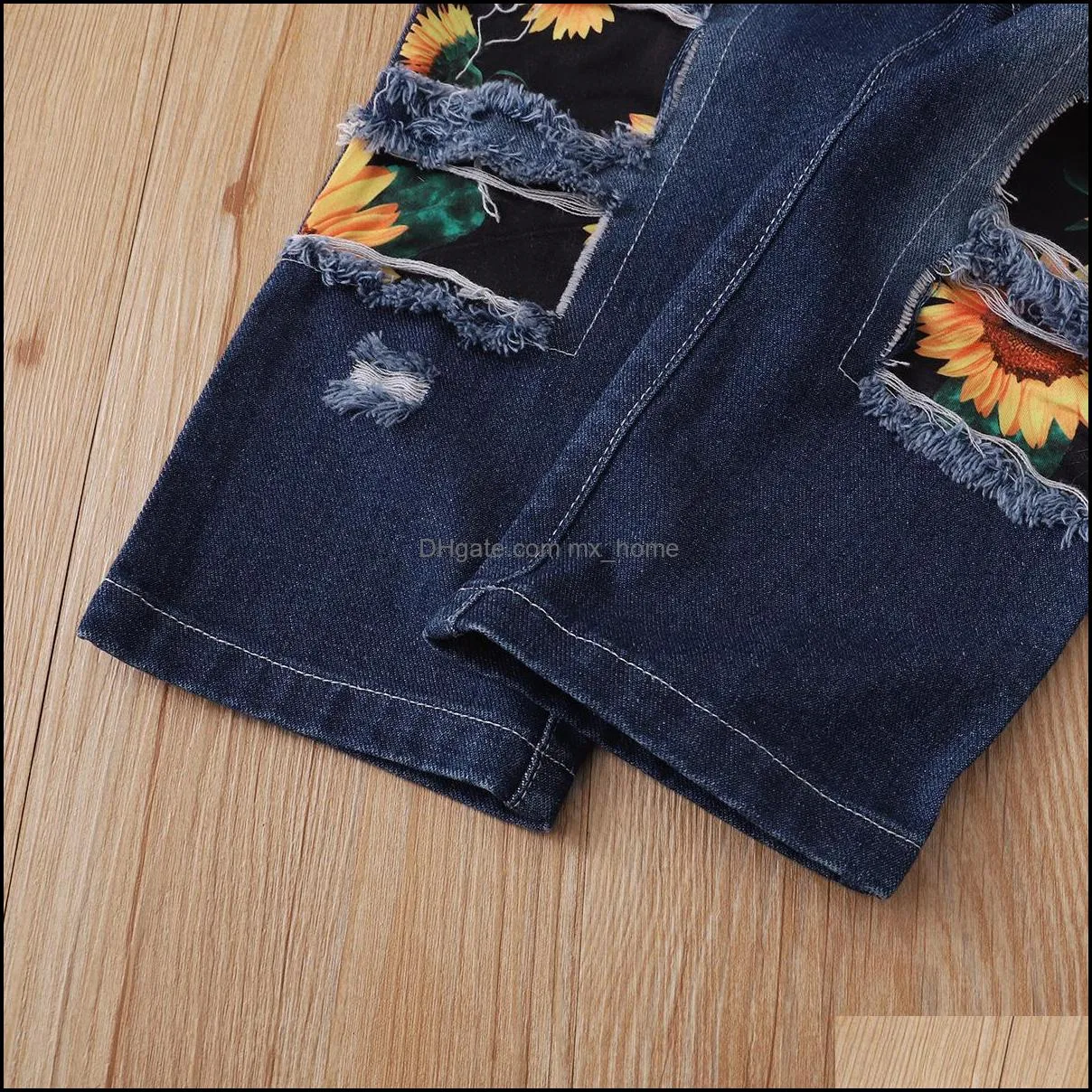 kids clothing sets girls flower floral outfits children sunflower print tops+hole denim pants+headband 3pcs/set spring autumn fashion baby clothes