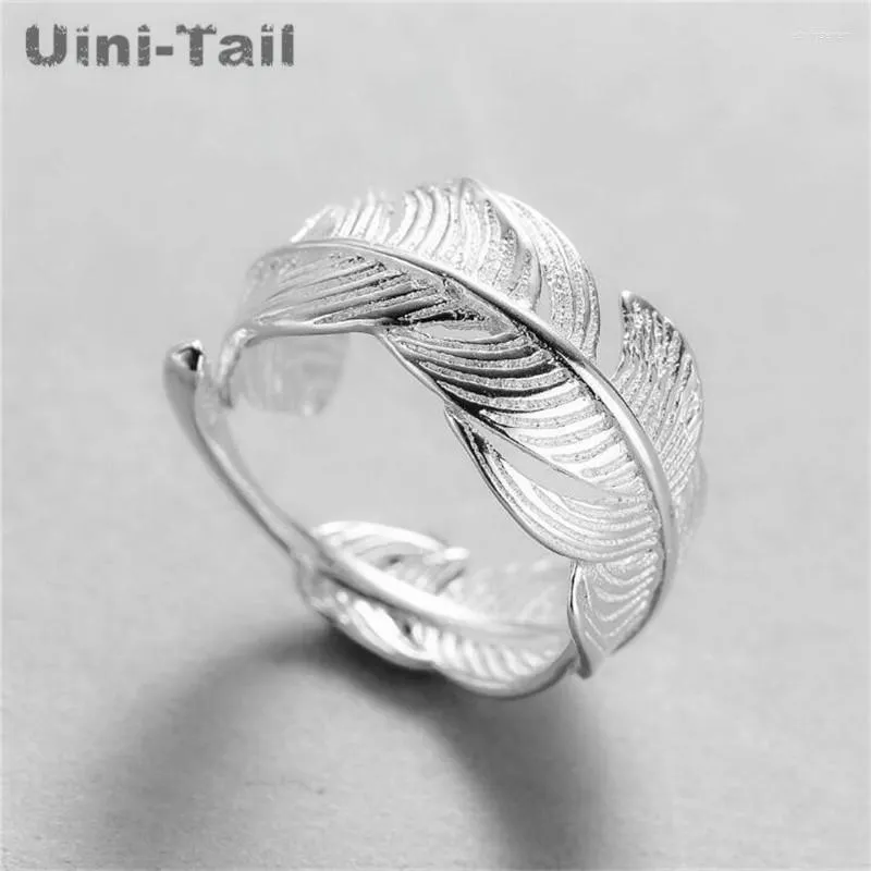 Cluster Rings Uini-Tail 2022 925 Sterling Silver Open Feather Ring Adjustable Size Girl Jewelry Fashion Tide Flow High Quality Edwi22
