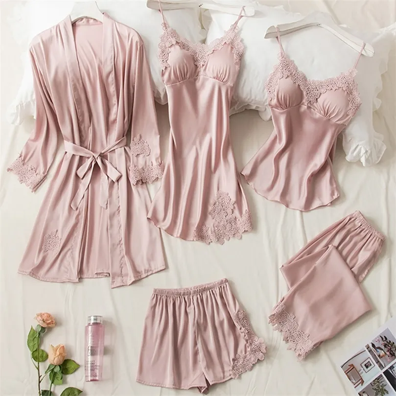 5pcs Pink Silk Robe Sleep Suit Womens Lace Satin Pajamas Gown Set V-Neck Cami Nighties Wear Pijama Home Nightwear Spring Pyjamas 220421