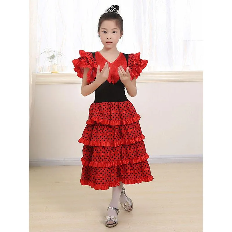 Stage Wear Dance Dress For Girls Traditional Spanish Flamenco Baby Classic Flamengo Gypsy Style Skirt Bullfight Festival Ballroom Red