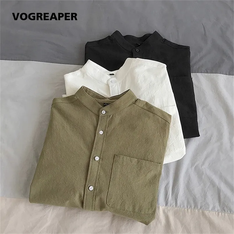 Simple Design Solid Colors Long Sleeve Shirts Korean Fashion Mandarin Collar 100% Cotton White Black Shirt Soft and Comfort 220401