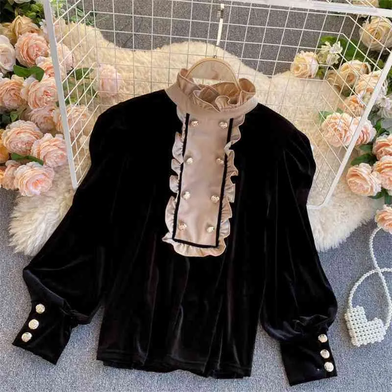 Vintage Women Velvet Blouse Casual Stand Collar Double Breasted Puff Long Sleeve BrownBlack Shirt Female Spring Autumn 210401