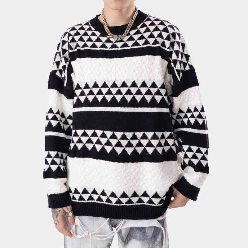 2021 Koreańska moda stylowa w kratę mężczyzn Rozmierta dzianina Sweater okrągły szyi swobodny pary Kobiety Kpop Pullover Pull Homme T220730