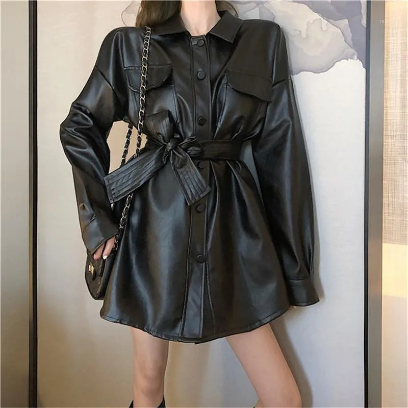 Casual Dresses Black Pu Leather Women's Dress Långärmning Lapel Single-Breasted Bowknot Laceup High midja Mini Motorcykel Kvinnkläder