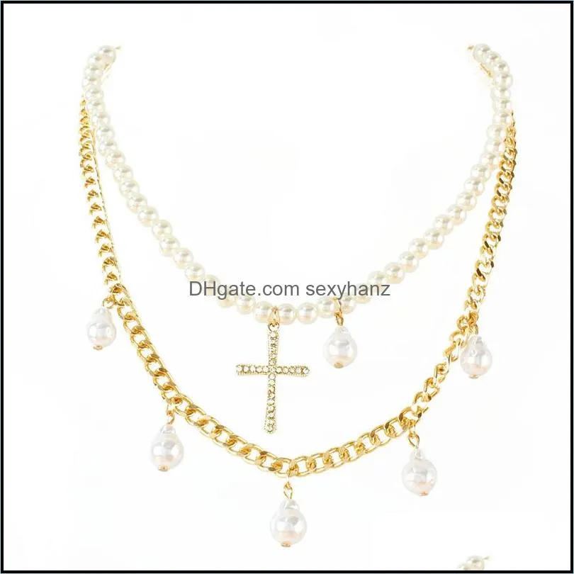 Retro Cross Pendant Necklaces Fashion Designer Imitation Pearl Necklace Personality Mix And Match Handmade Clavicle-Chain Multi-Layer Party Neck Jewelry