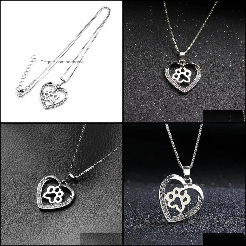 pet dog paw footprint hollow love heart pendant silver color choker necklaces for women jewelry heart necklace bdehome