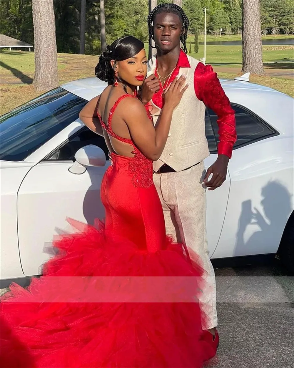 Red Mermaid Red Tulle Prom Dress 2022 for Black Girls with Ruffles - Aso Ebiy Style, Perfect for Birthday Parties and Special Occasions