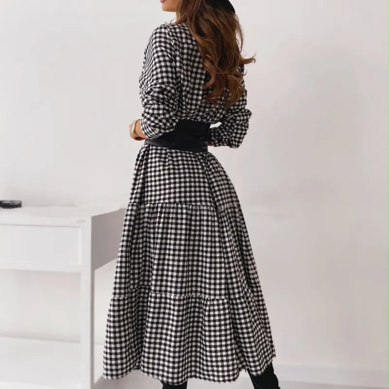 chinese dress ladies Black and Grey Gingham Long Sleeve Dress main image 1