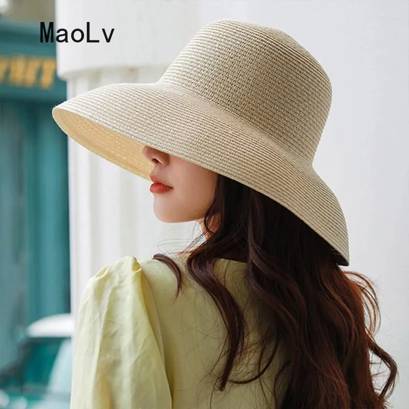 넓은 챙 모자 여름 헵번 태양 모자 숙녀 우아한 대형 라운드 탑 UV 보호 플로피 짚 비치 파나마 뷰켓 모자 모자 스웨이드 우리
