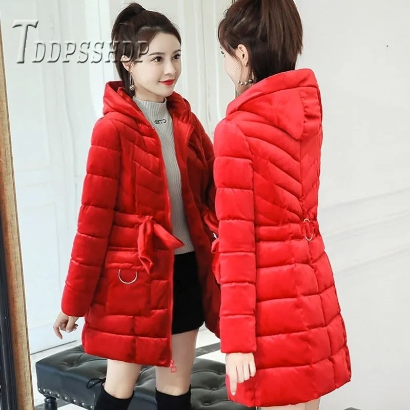 Slim Thick Velvet Women Parkas Soft Fabric Padded Jackets Hooded Parka Jacket 201201