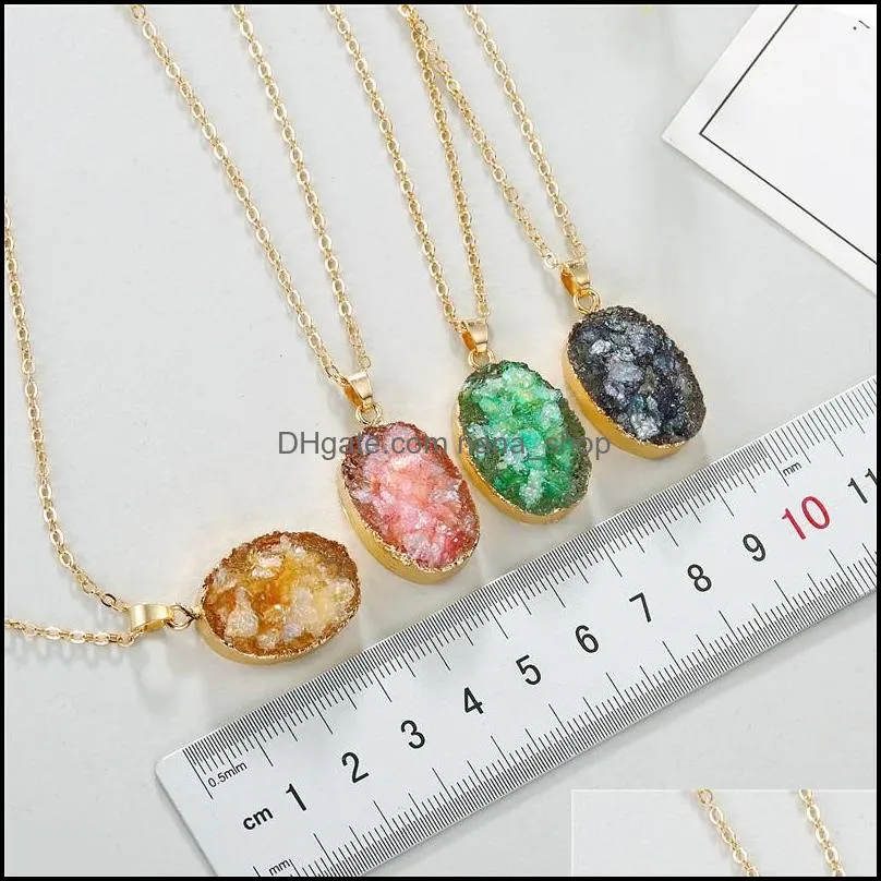 European Oval Round Resin Broken Stone Round Druzy Drusy Pendant Necklace Imitation Natural Stone Chain Necklace for Women Female