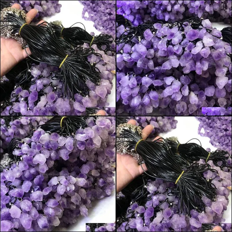 natural amethysts stone pendant necklace high quality leather rope necklace women trendy jewelry factory wholesal sports2010