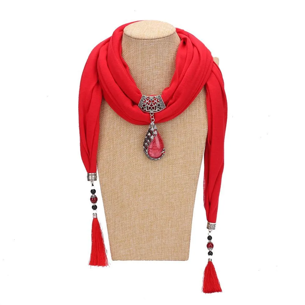 Ethnic Style Women Scarf Ceramic Beads Fringed Peacock Pendant Plain Color Long Tassel Necklace