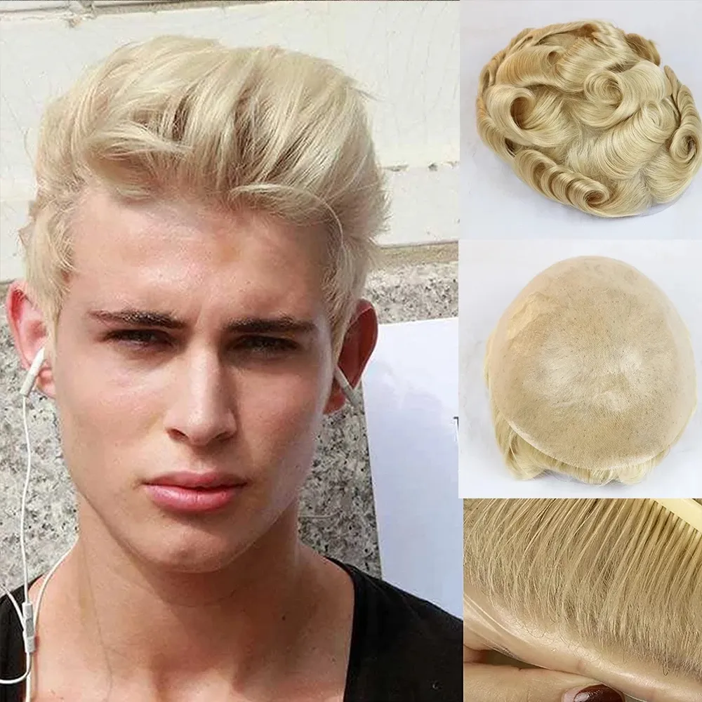 613 Blonde Farbe Volle Dünne Haut Männer Toupet Echthaar Ersatz System Brasilianische Remy Haare männer Toupet Welle Haarteil