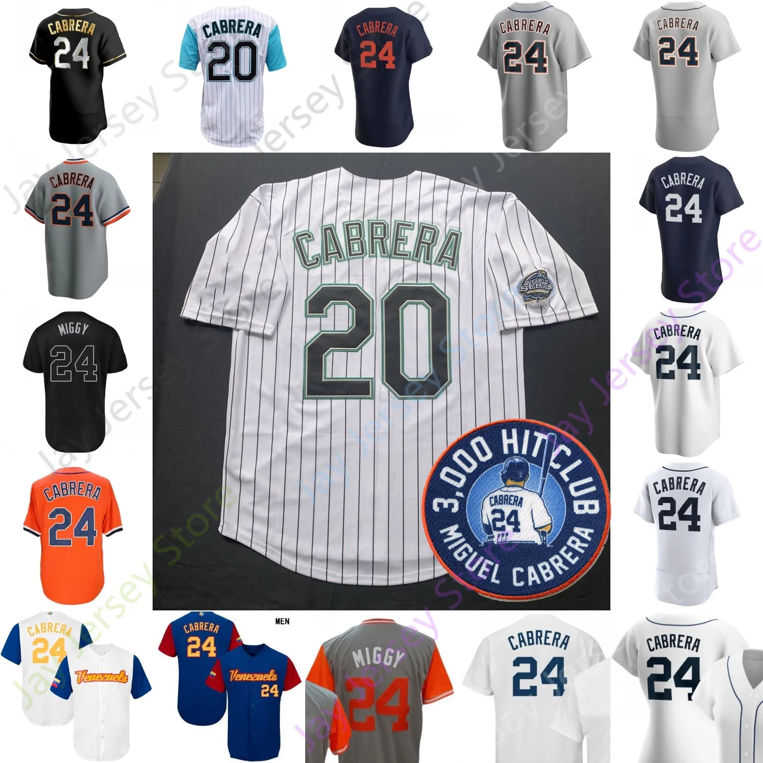 Miguel Cabrera Jersey Dames Florida Wit Groen Pinstripe 3000 Hit patch Bijnaam Zwart Miggy Venezuela Blauw Wit Grijs Marine Oranje Fans Speler S-3XL Volwassene