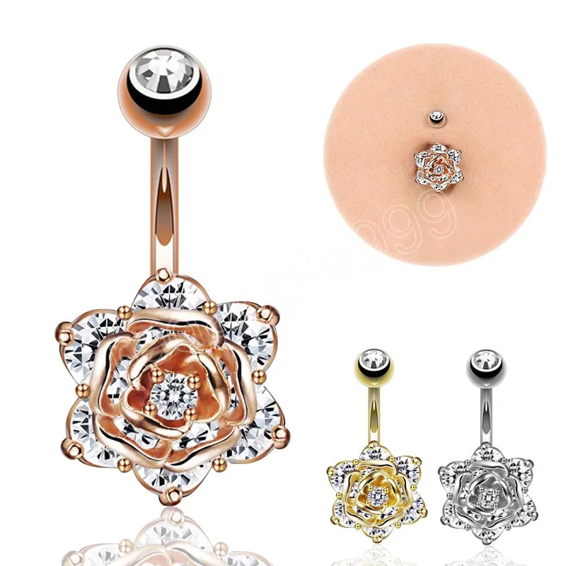 Rose Flower Belly Rings Piercing Rostfritt st￥l Zirkon Sexig magknapp Ring f￶r kvinnor Girls Body Jewelry 3 F￤rg